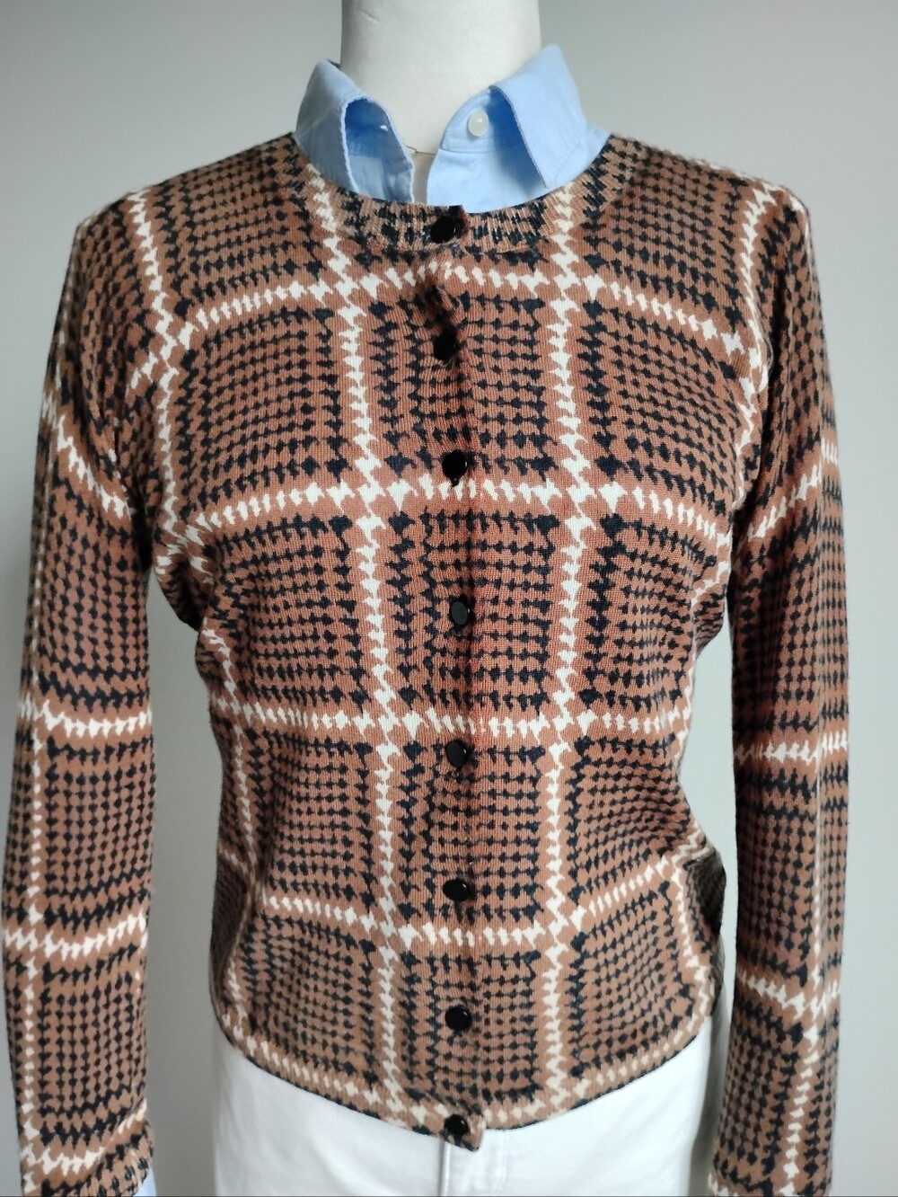 Talbots Pure Merino Wool Cardigan Sweater Brown Black Plaid Classic Size Sm Pet